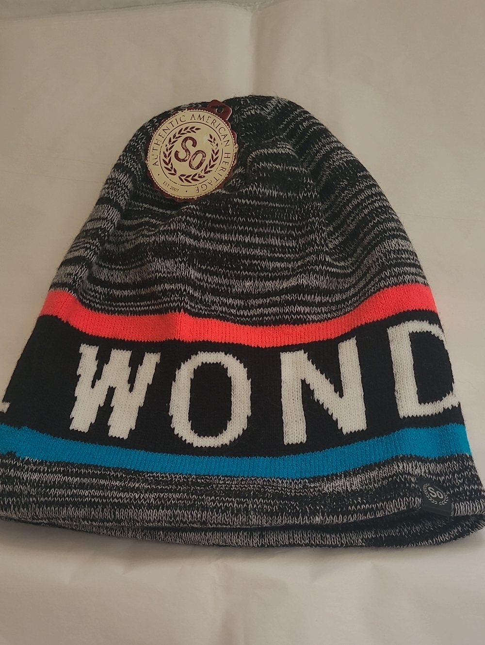 SO Knit Beanie with WONDERFUL Lettering in Black, Gray, Coral, Blue
